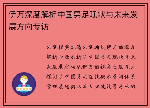 伊万深度解析中国男足现状与未来发展方向专访 伊万深度解析中国男足现状与未来发展方向专访